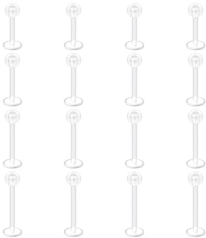D.Bella 16G Clear UV Flexible Acryl Labret Lip Ring Tragus Retainer Clear Helix Cartilage Earring Stud Piercing Jewelry Retainer 16PCS 6mm-12mm