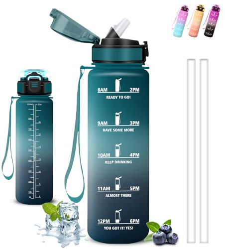 Botella Agua Gimnasio, Botella 1 litro, A Prueba de Fugas, Cantimplora con Pajita, Reutilizable, Water Bottle con Eslogan Motivador, Cantimplora para la Fitness, Senderismo, Acampada, Ciclismo, Correr