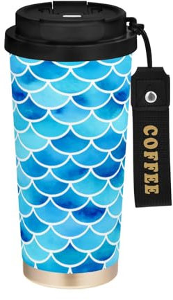 JUMBEAR Taza de viaje con aislamiento al vacío de escamas de sirena azul, tazas de viaje reutilizables para café, taza de café de acero inoxidable de doble pared a prueba de fugas con tapa para