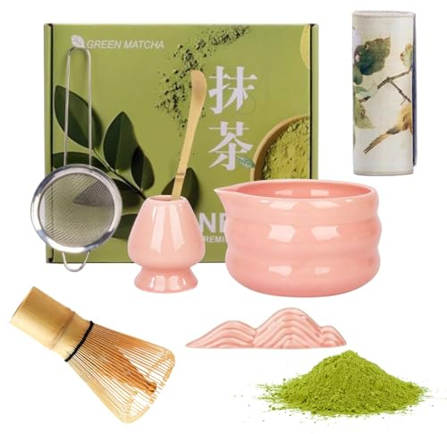 YANGUN 7Pcs Matcha Whisk Set, Matcha Tea Set with Bamboo Whisk, Ceramic Bowl, Scoop & Holder, Complete Matcha Making Kit, Reusable Matcha Making Kit for Traditional Japanese Tea Ceremony(Pink)
