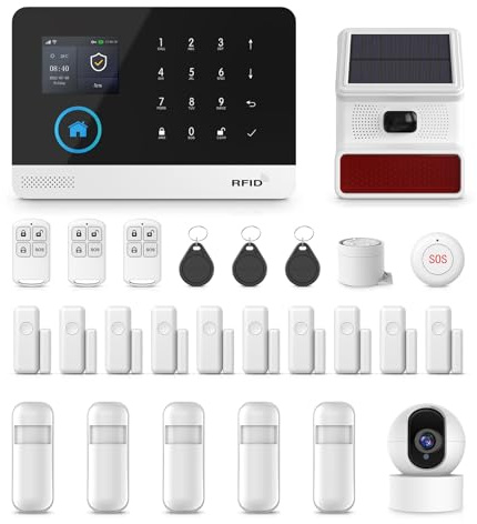 PGST Alarme Maison sans Fil WiFi/GSM, Centrale à écran Tactile 2.4'', 26 Pack, Sirène extérieure, Capteur de Porte, Capteur de Mouvement PIR Compatible avec Alexa Google Home