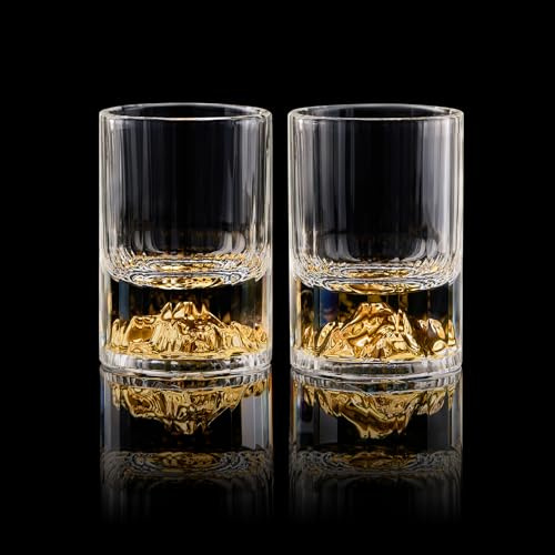 DUJUST 【2025 New Design】 Gold Mountain Shot Glasses (45ml), Crystal Shot Glass Set Decorated with 24K Gold Mountain, BPA-Free & Lead-Free, Perfect for Décor & Collection, Gift Choices - 2 pcs