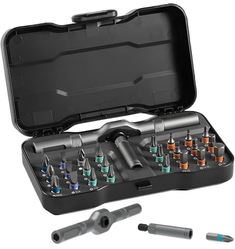 Preliminark Screwdriver Set, Readyintend 24 in 1 Magnetisches Ratschenschraubendreher, Präzisionsschraubendreher mit Abnehmbarem Griff, Magnetisches Ratschen-Schlüssel-Set mit T-Griff zur Reparatur