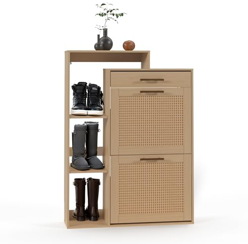 HULANAN Schuhschrank schmal Holzoptik & handgefertigtes Rattan, moderner Schuhschrank mit Schublade – für Flur & Eingangsbereich, Sneaker, Stiefel & Herrenschuhe, 80x24,5x109 cm