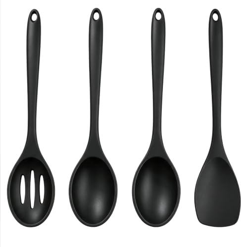 Set di utensili da cucina, 4 cucchiai in silicone nero, cucchiai da portata in silicone, cucchiai grandi per cucinare