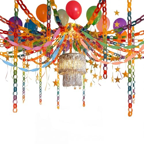 Blueweenly Fancy Princess Birthday Party Decorations Set Paper Chain Garland Strips Construction DIY Crafts Crepe Paper Streamer Glitter Star Fringe Chandelier Balloons for Wedding Birthday(Rainbow)