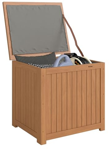 Outsunny Baule da Esterno da 130L in Legno con Coperchio a Cerniera Cinghia, Baule da Giardino con Fodera, Contenitore da Esterno Protezione UV, per Giardino Patio Piscina, 63x51x58.5 cm, Marrone