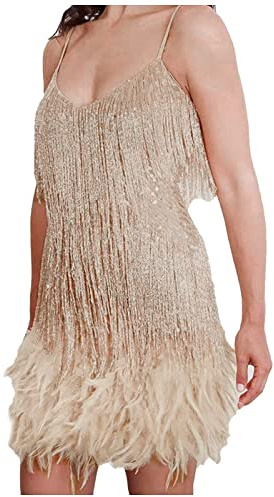 YOSUWOAI Robe à franges sexy à paillettes avec plumes et paillettes - Robe de danse latine à bretelles spaghetti - Robe courte à franges - Robe de soirée disco - Robe tunique de club - Mini robe à