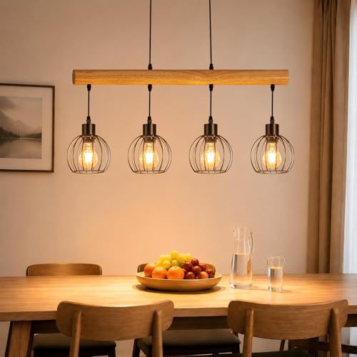 ZMH Vintage Pendelleuchte esstisch Holz Hängelampe 4 flammig Industrial