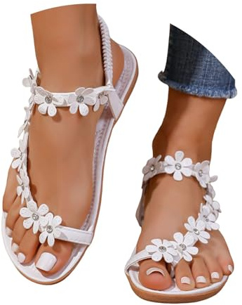 Sandali Donna Estivi Piatti Eleganti Comodi - Infradito da Spiaggia con Fiori Boho , Scarpe Estive Senza Chiusura con Cinturino Elastico Suola in Gomma Antiscivolo per Mare Vacanze e (1-White, 38)