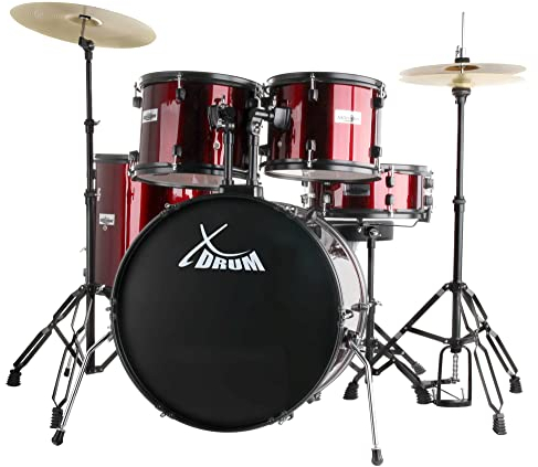 XDrum Rookie 22 Standard Schlagzeug Komplettset Ruby Red - Ideal für Einsteiger - Stylische Hardware in schwarz - Inkl. Drumsticks 5B, Aufbauanleitung und Schlagzeugschule - Rot