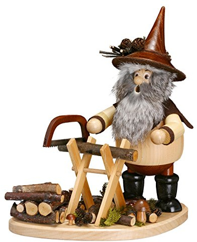 DWU Original Erzgebirgischer Räuchermann® Waldwichtel auf Brett groß Sägebock Natur - inkl. Original Crottendorfer Räucherkerzen #898