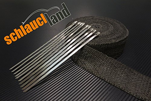 Schlauchland 20m Keramik Hitzeschutzband 50mm schwarz 1200°C + 10 Kabelbinder *** Heat Wrap Auspuff Hitzeschutz Krümmer Isolierband Wärmeschutz