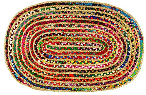 COTTON CRAFT Jute Chindi Braid Rag Rug - Boho Farmhouse Rustic Area Accent Throw Rug - Handwoven Reversible Natural Recycled Cotton- Living Room Den Study Home Décor Gift - 2' x 3' Oval - Multi Color