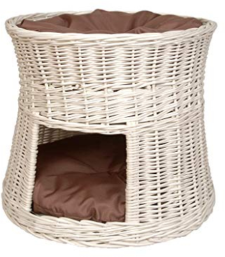 Damian-Wiklina Katzenkorb zum Schlafen – Katzenhütte Indoor – Größe: 50 cm rund – Katzenhöhle aus Weide – Zweistöckiges Katzen oder Hundebett in Weiß – Braune Kissen