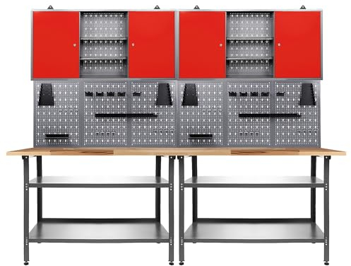 Ondis24 Werkstatteinrichtung 240 cm Werkbank Nobbi, Metall, Lochwand mit Hakensortiment, 2 Werkstattschränke (Arbeitshöhe 85 cm, Rot)