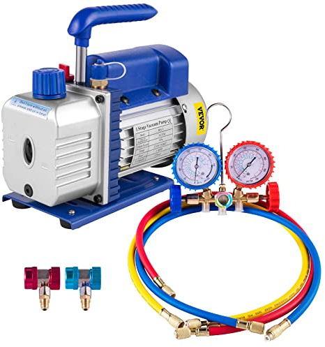 Mophorn 3CFM Pompe à Vide,1/4HP 85 Lt/min Pompe à Vide Frigoriste HVAC Set de Jauge de Collecteur CA/CC, Pompe à Vide Climatisation à un étage pour Réfrigérant et Dégazage
