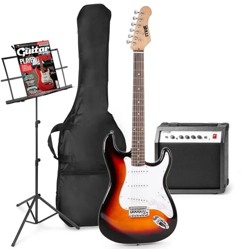 MAX GigKit – Pack guitarra eléctrica – Amplificador 40 W, altavoz 10'' con overdrive, entrada AUX MP3, atril, funda, afinador, cable de instrumento, correa, púas y cuerdas extra – color Sunburst