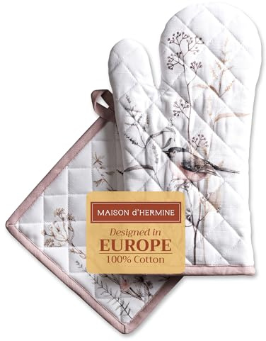 Maison d' Hermine Ensemble manique et Gant de Cuisine 100% Coton (19 x 33 cm et 20 x 20 cm) Gants résistants à la Chaleur pour Manipuler Les Plats Chauds, Printemps-été (Meadow Florals - Brown)