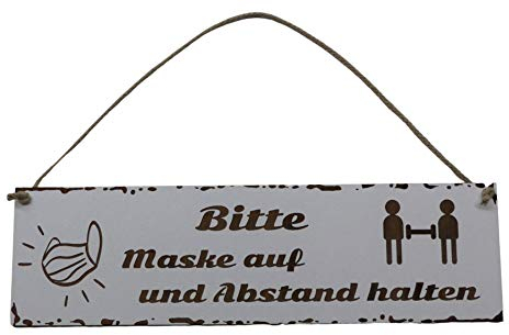 Generisch Bitte Maske auf und Abstand halten - Schild Shabby Chic Deko weiß lackiert Deko Holz HDF ca 28 x 8 cm Hängeschild Hinweisschild Türschild mit Kordel