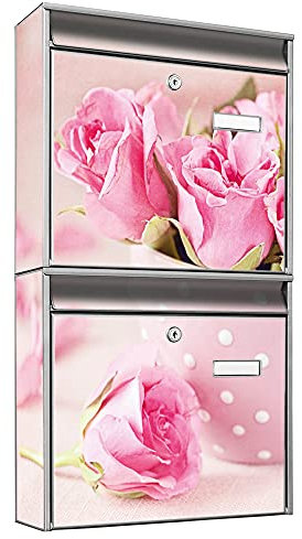 banjado Briefkastenanlage 2 Fach - 2 Briefkästen 36x64x10cm groß - Doppelbriefkasten Set - Namensschild, 2 Schlüssel, Montagematerial - Stahl verzinkt Silber - Motiv Tasse Rosen