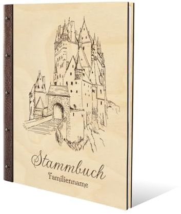 Stammbuch Gravur individuell Birkensperrholz Cover mit Echtleder Rücken inkl. vorgedruckte Seiten und Klarsichthüllen DIN A4 (240 x 310 mm) - Mittelalter Burg