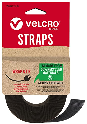VELCRO® Brand | Eco One-Wrap Reusable Straps | Reusable, Flexible & Versatile All Purpose Straps for Home Improvement | Black | 25mm x 3m