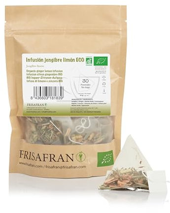 FRISAFRAN | Infusión Jengibre y Limón Ecológica en pirámides 30Uds | 60g | Antiinflamatoria | Antioxidante | Té jenjibre limón | te jengibre | Antioxidante | Vitaminico | Infusión Digestiva | natural