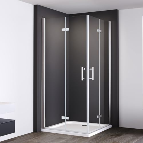 IMPTS Duschkabine Eckeinstieg 80x90cm komplett set Falttür,Doppelt Falttüren Duschabtrennung Duschtür klappbar tür aus 6mm ESG Klares Nano Sicherheitsglas,inkl. Duschwanne & ablaufgarnitur Höhe 195cm
