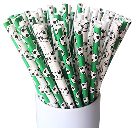 CTIGERS Soccer Football Party Paper Straws Black and Green Patterns 2 Color Mixed Biodegradable Drinking Straws Box of 100