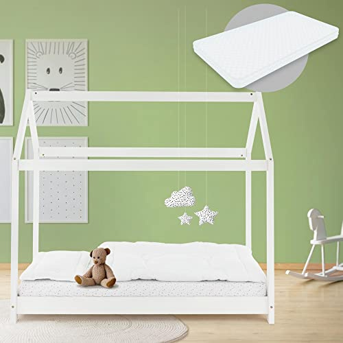 ML-Design Barnsäng 80x160 cm vit med madrass, tak och lamellram, hussäng för tjejer och killar, barnhus av furu, stabil ungdomssäng, massivträ barnsäng, sänghus leksäng