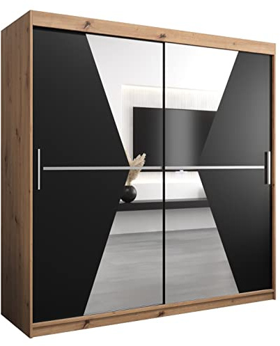 ABIKSMEBLE Maroko 200 Armoire à Deux Portes Coulissantes pour Chambre à Coucher - Moderne Armoire de Rangement avec Miroir, Tringle et Étagères - 200x200x62 cm (L x H x P) - Artisan + Noir Mat