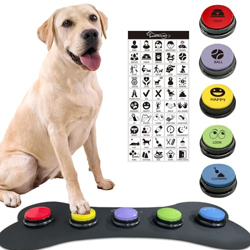 BUYVIKAY Satz von 5-Farben-Hunde Button mit Gummimatte für Kommunikation, Hund sprechende Tasten mit 50-Aufklebern, Haustier-Tasten, trainieren Sie Ihren Hund, um zu Sagen