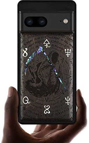 Carveit Designer Wooden Case for Google Pixel 7 Case Protective Cover [Wood Engraving & Shell Inlay] Compatible with Wireless Chargers Pixel 7 Case (Grim Reaper-Blackwood)