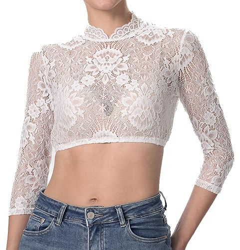 Dirndlparty Dirndl Blouse Lace High Closed Stand-Up Collar Dirndl Blouse Women's Long Sleeve 3/4 Sleeve White Cream Dirndl Blouses Traditional Blouse Oktoberfest Blouse for Dirndl, cream-26, 14