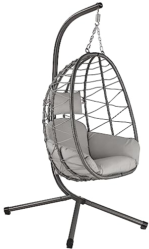 HinHocker Hängesessel mit Gestell | Grau | Hängeschaukel für Indoor und Outdoor | Inkl. Kissen und Auflagepolster | Balkon Hängesessel Outdoor, Gartenschaukel, Schaukelstuhl, Hängekorb