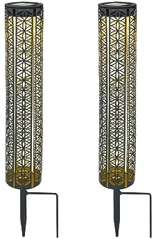 meineWunschleuchte Ausgefallene Solar Erdspießleuchten im 2er Set, Metall schwarz Gold mit Musterstanzungen, Höhe 46cm