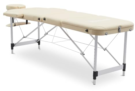 SPORTINATOR® Premium 3 Zonen Massageliege, angenehmer Liegekomfort durch 4 cm Polsterung, Flexible Höhenverstellung durch Rastknöpfe, belastbar bis ca. 180 kg (beige)