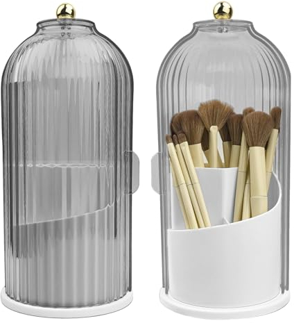 Sliding Opening Cosmetic Make-Up Organiser, 360° Rotating Make Up Brush Holder Storage with Clear Dustproof Lid, Makeup Brushes Holder Organizers,Make-Up Brush Container Case for Dressing Table,Vanity