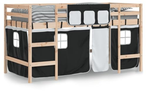 vidaXL Kinderhochbett, Hochbett mit Leiter Vorhängen, Spielbett Bett für Kinder ab 6 Jahren, Kinderbett Etagenbett Stockbett, Weiß Schwarz 90x190cm Kiefernholz
