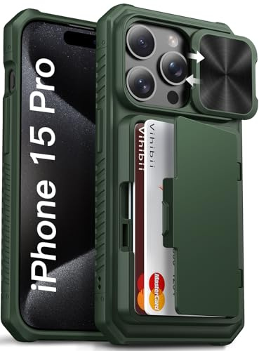 Vihibii for iPhone 15 Pro Case Wallet with Card Holder (4 Cards), Green | Slide Camera Lens Cover & Kickstand & Raised Edges Protective Screen, Rugged, Durable Phone Case for iPhone 15 Pro 6.1 2023