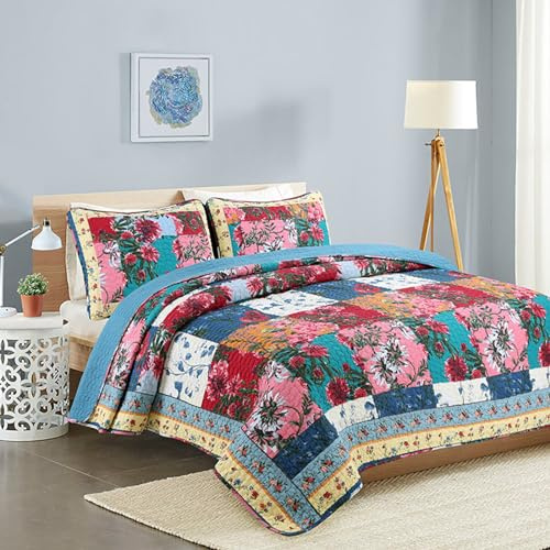 XIUWOUG Tagesdecke 220X240 /240X260 Baumwolle Bettüberwurf, Stepp Decke Quilt Überwurf Bett,Patchwork-Tagesdecke Mit Aufdruck Tagesdecke Mit Kissen Set,240x260cm