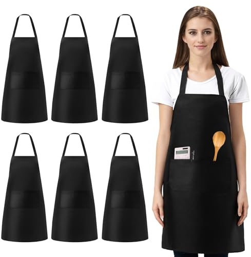 Vegena Grembiule nero, 6 pezzi, grembiule da cucina da donna, grembiule da cucina da uomo, grembiule da barbecue con 2 tasche, per cucina, giardinaggio, ristorante, caffetteria, pittura, lavori