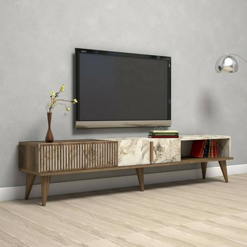 Dmora - Meuble TV Aquila, Buffet de Salon, Armoire Basse pour TV, Base Murale de Rangement, 180x35h40 cm, Noyer et Blanc