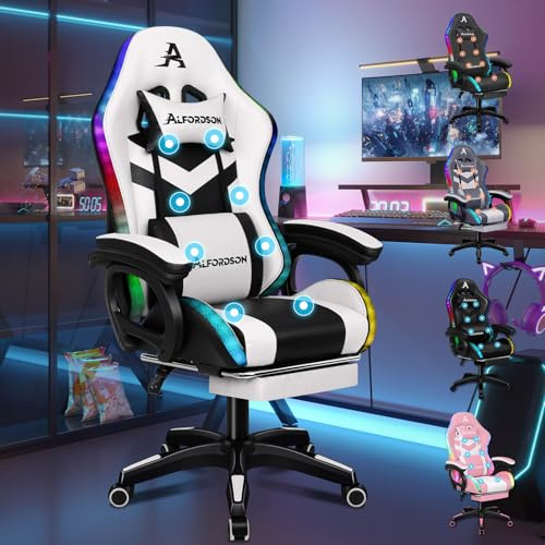 ALFORDSON Gamer-Stuhl Gamer Stühle RGB LED Racing PC-Gaming-Sessel Massage Bürostuhl ergonomisch Schreibtischstuhl Fußstützen, 90-150°Neigungswinkel,180 kg belastbar, Weiß
