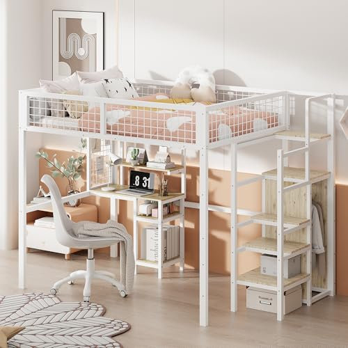 Ctastay Kinderbett Etagenbett 140x200 cm mit Rausfallschutz, Bett Hochbett Metallbett mit Tisch & Stauraum Kleider-Schrank, Jugendbett Familienbett mit Treppe & Lattenrost, Metall, Weiß, Ohne Matratze