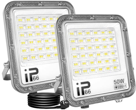 RIGIDON 2x 50W LED Strahler Außen mit Stecker, 5000LM Außenstrahler, 6000K Kaltweiß IP66 Wasserdicht LED Fluter Scheinwerfer Flutlicht für Garten, Innenhöfe, Garage, Terrassen, Hof (1M Netzkabel)
