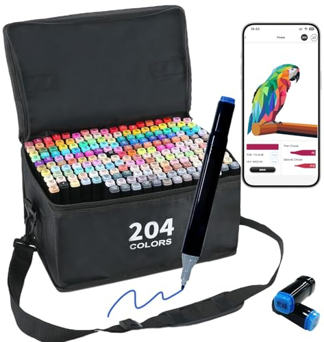 Vokiuler 204 Farben Marker Stifte, Alkohol Marker mit kreativer App, Twin Marker Set für Erwachsene, Künstler und Illustratoren, Als Geschenk mit Tragetasche