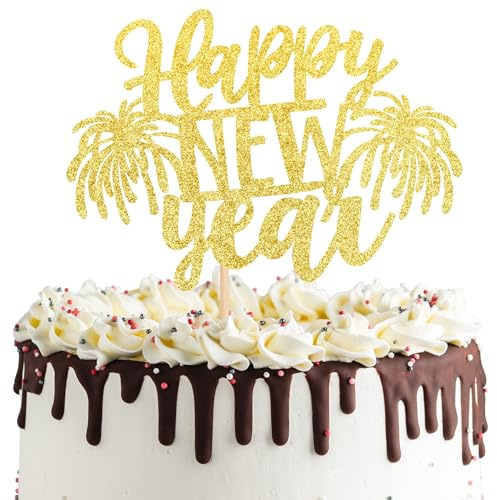 Xsstarmi 1 Pack Happy New Year Cake Topper Gold Fireworks Glitter Welcome to 2026 Cake Pick for Cheers to 2026 Happy New Year Celebrate Party Cake Decorations Supplies