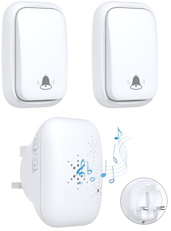 Cerhot UK Plug Self Powered Wireless Doorbell No Battery 150M Distance 38 Songs Door Bell Button Outdoor Doorbell Wireless Waterproof for Home School Office (UK 2V1 White B)